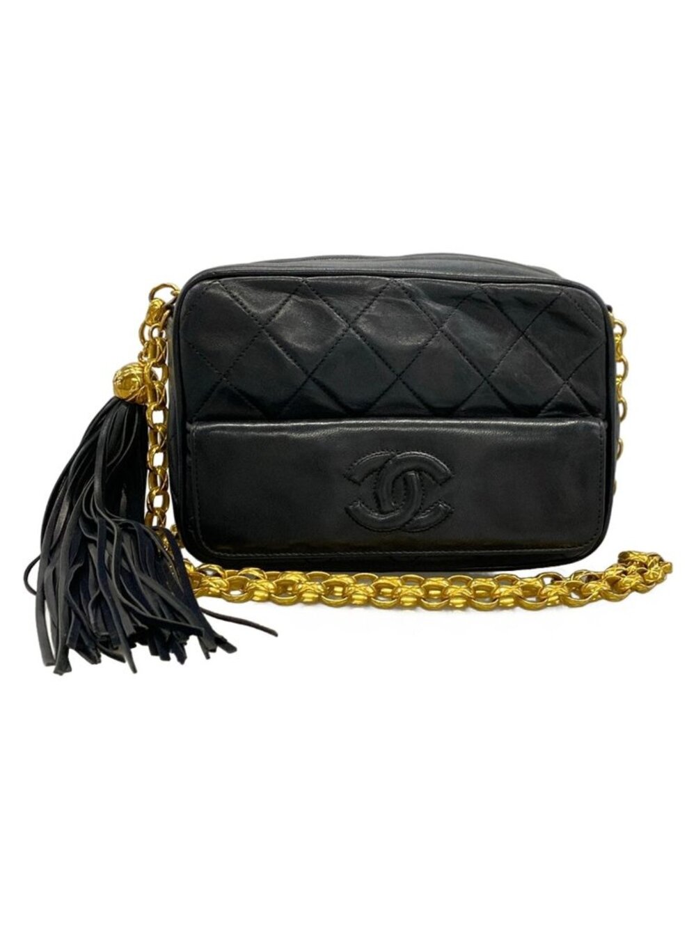 Chanel Shoulder Bag Quilted Black Chain Gold Tassel Lambskin